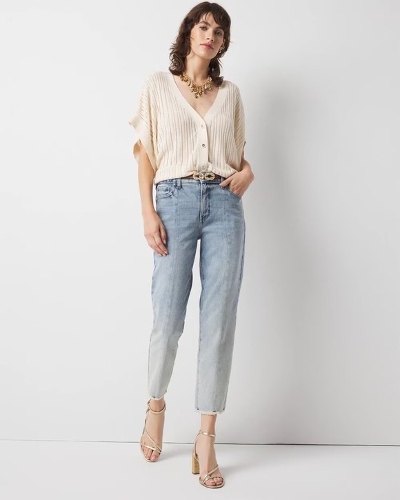 White House Black Market Denim - WHBM High-Rise Straight Jeans Size 00 Light Wash Raw Slit Hem Pintuck